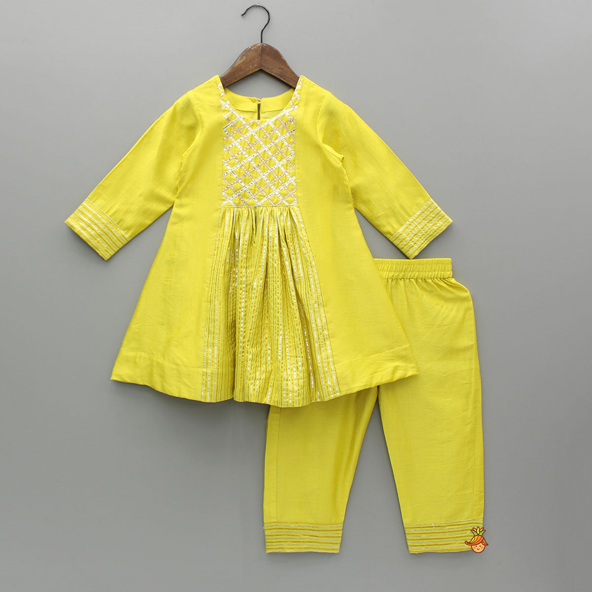 Pre Order: Yellow Kurti With Gota Lace Detailing And Pant With Matching Dupatta