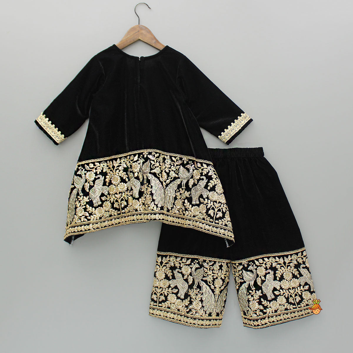 Pre Order: Black Velvet Embroidered Kurti And Palazzo