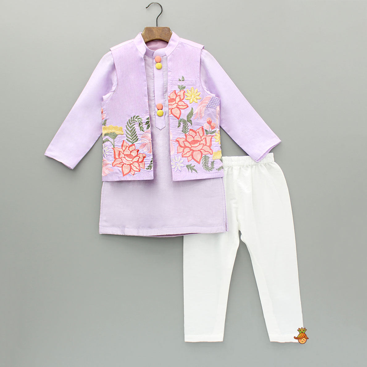 Pre Order: Lavender Kurta With Embroidered Front Open Jacket And Pyjama