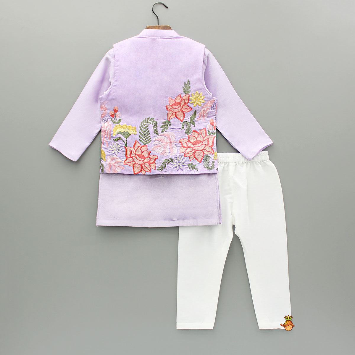 Pre Order: Lavender Kurta With Embroidered Front Open Jacket And Pyjama