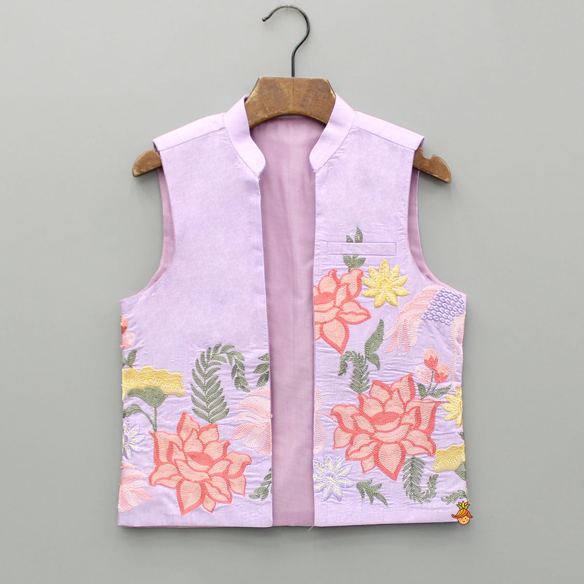 Pre Order: Lavender Kurta With Embroidered Front Open Jacket And Pyjama