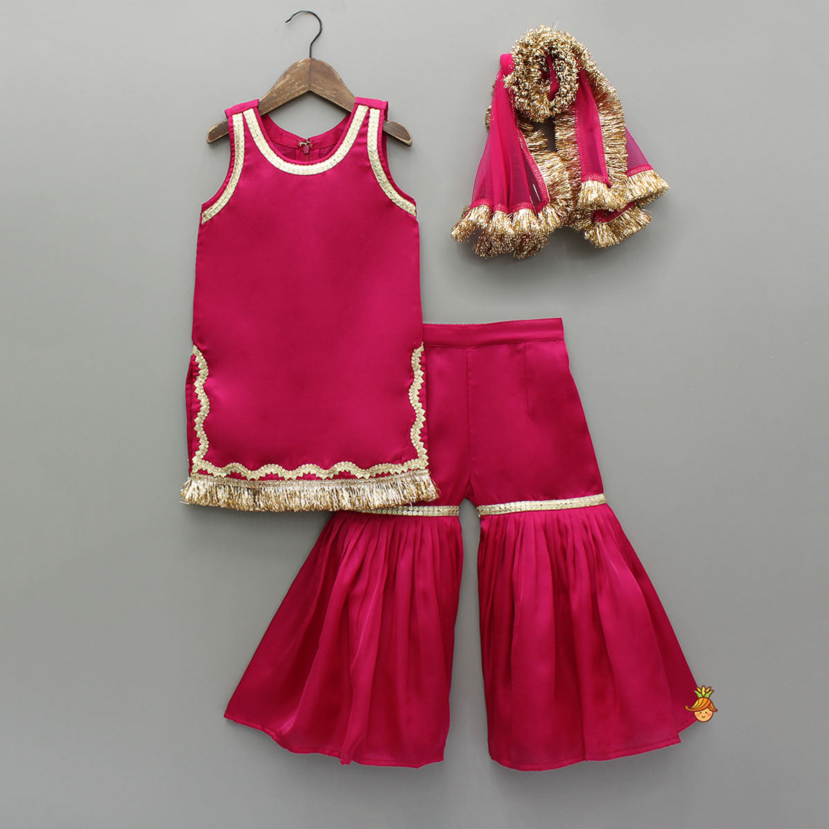 Pre Order: Pink Lace Work Kurti And Sharara With Matching Net Dupatta