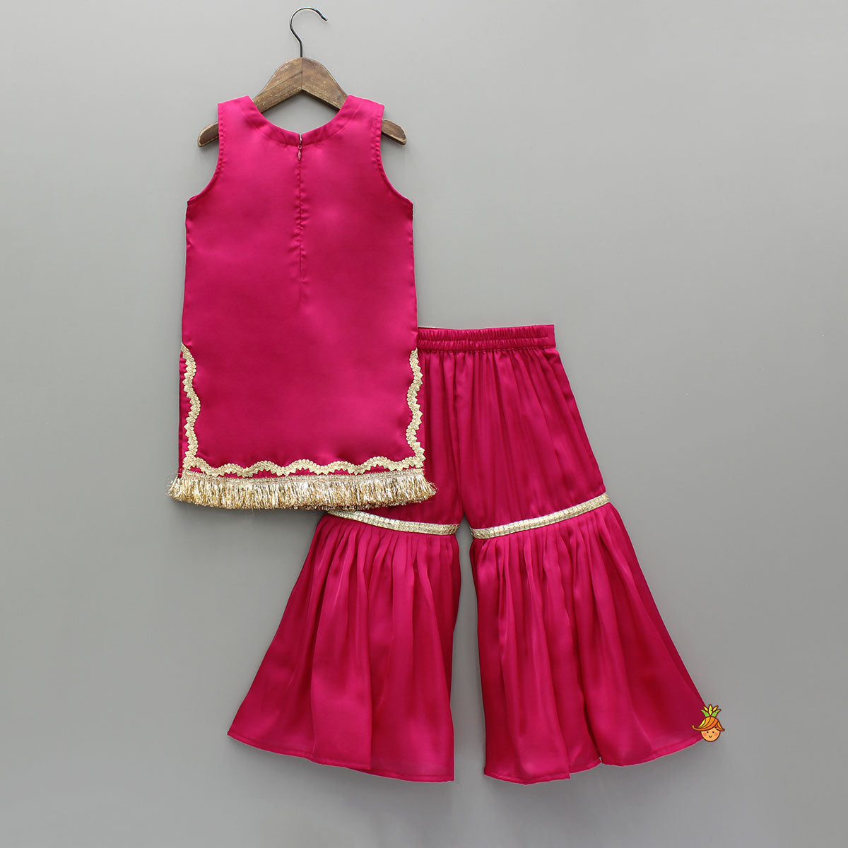 Pre Order: Pink Lace Work Kurti And Sharara With Matching Net Dupatta