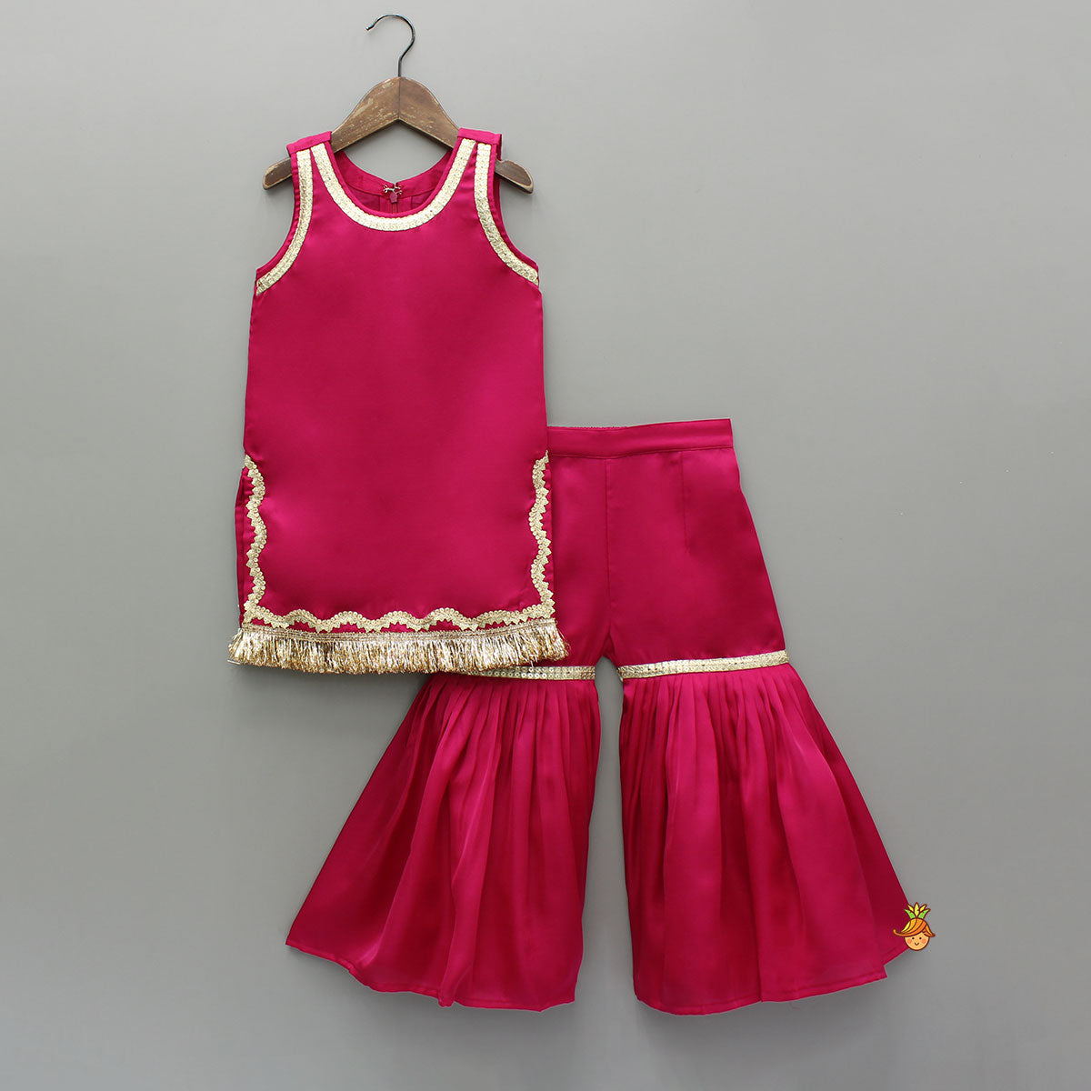 Pre Order: Pink Lace Work Kurti And Sharara With Matching Net Dupatta