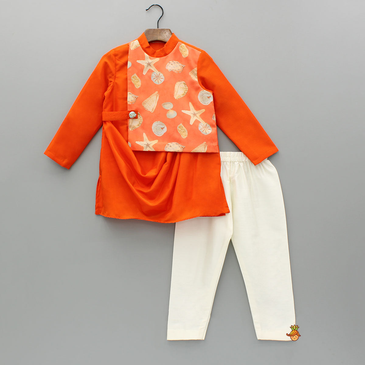 Pre Order: Orange Stylish Draped Printed Flap Kurta And Pyjama