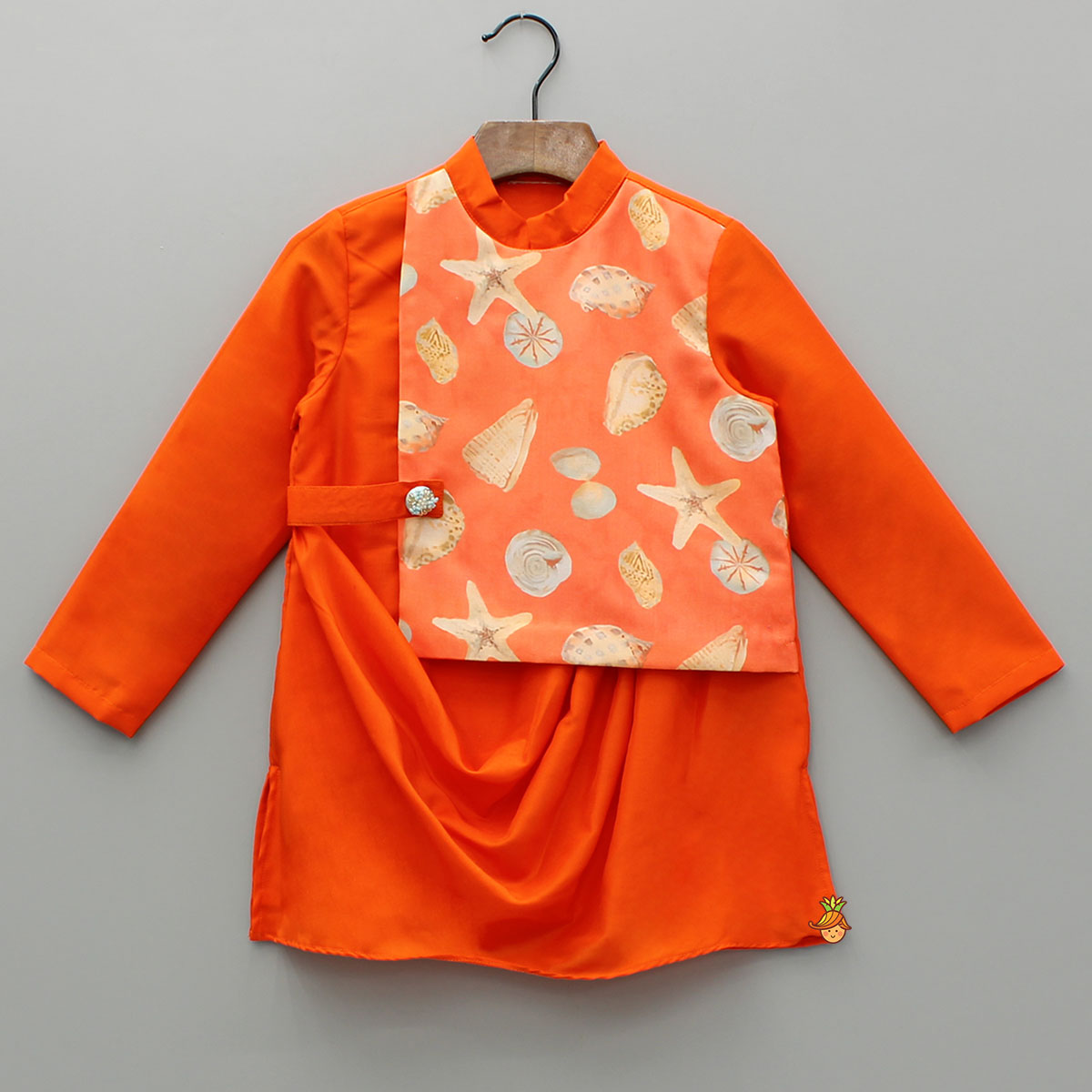 Pre Order: Orange Stylish Draped Printed Flap Kurta And Pyjama