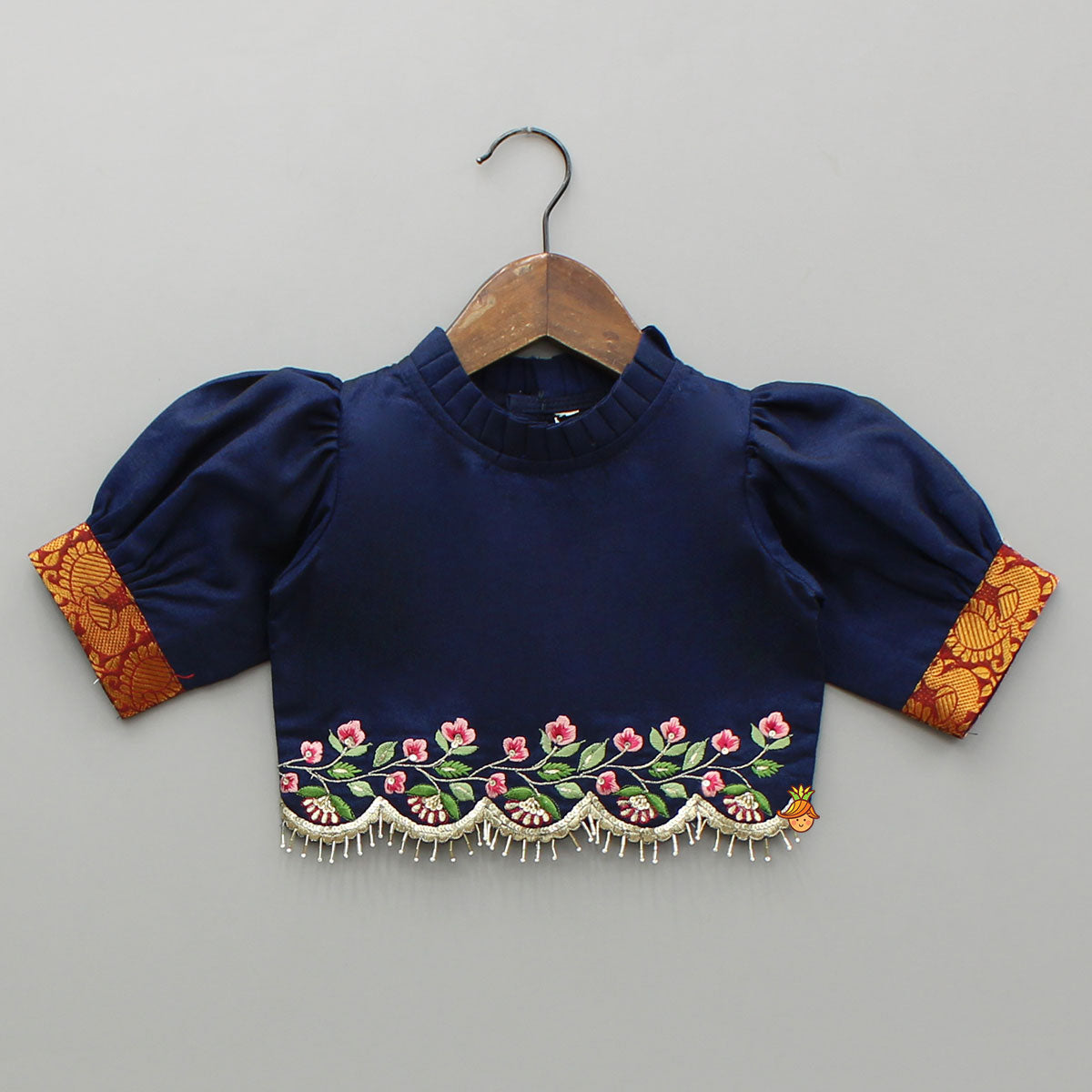 Pre Order: Blue Floral Embroidered Top And Pleated Lehenga