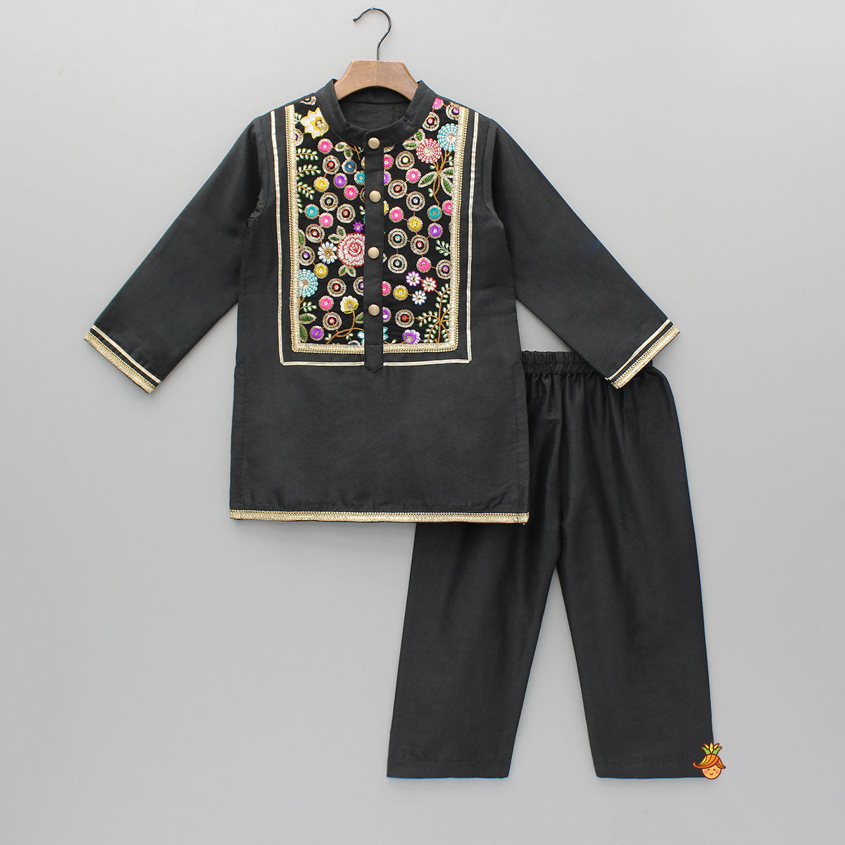 Pre Order: Black Multicolour Embroidered Kurta And Pyjama