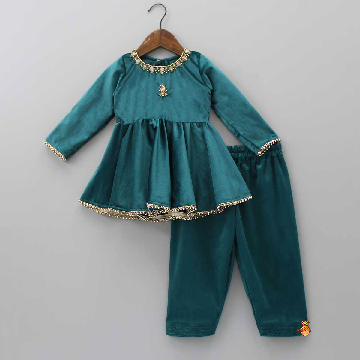 Pre Order: Teal Green Pearls Lace Work Velvet Kurti And Salwar