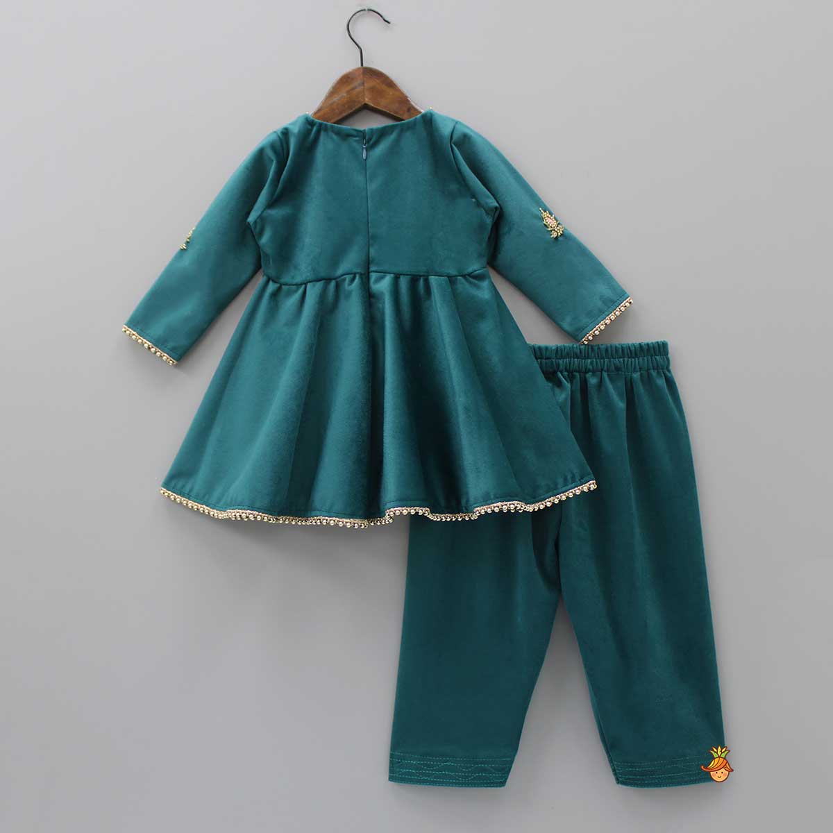 Pre Order: Teal Green Pearls Lace Work Velvet Kurti And Salwar