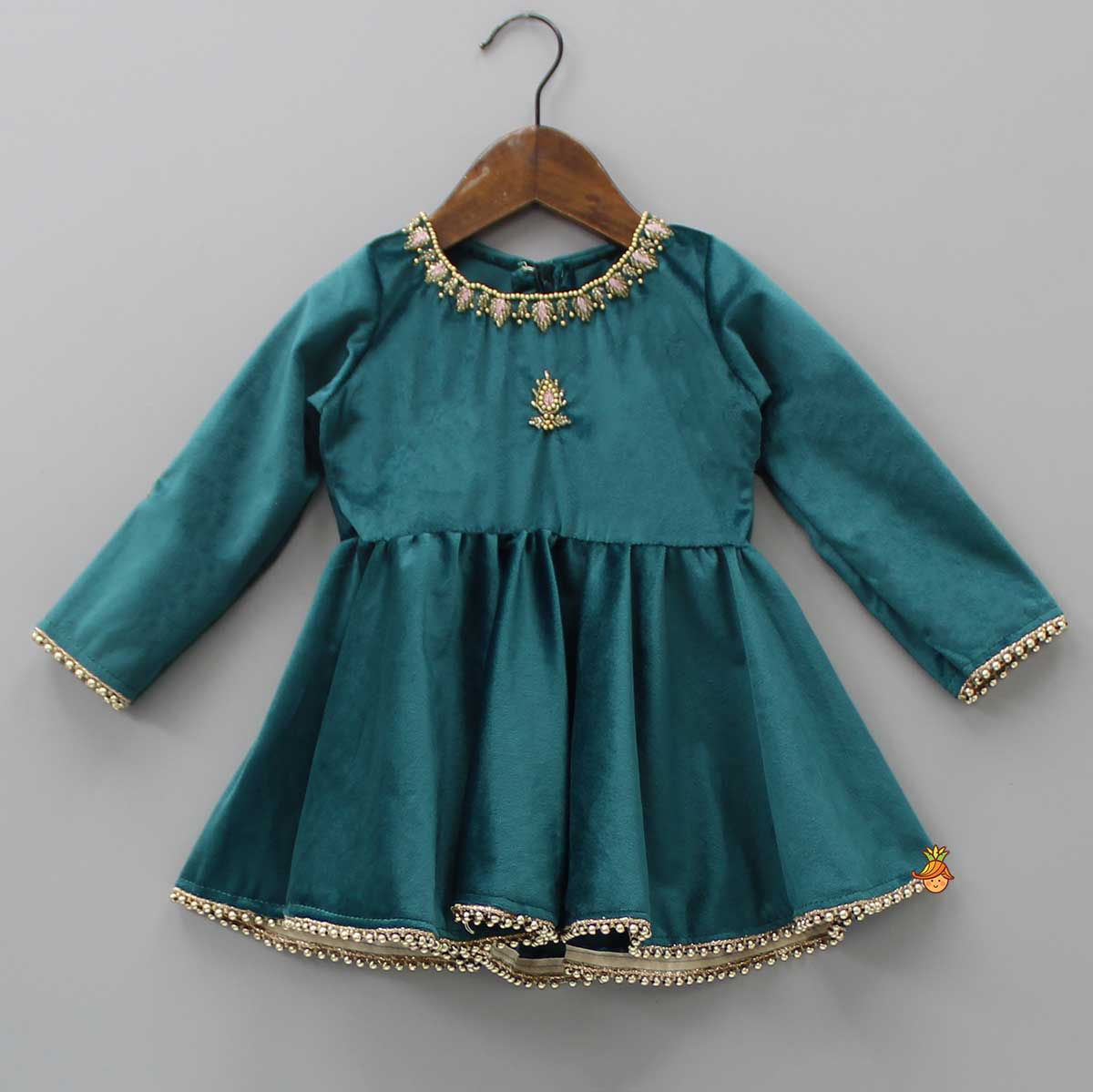 Pre Order: Teal Green Pearls Lace Work Velvet Kurti And Salwar