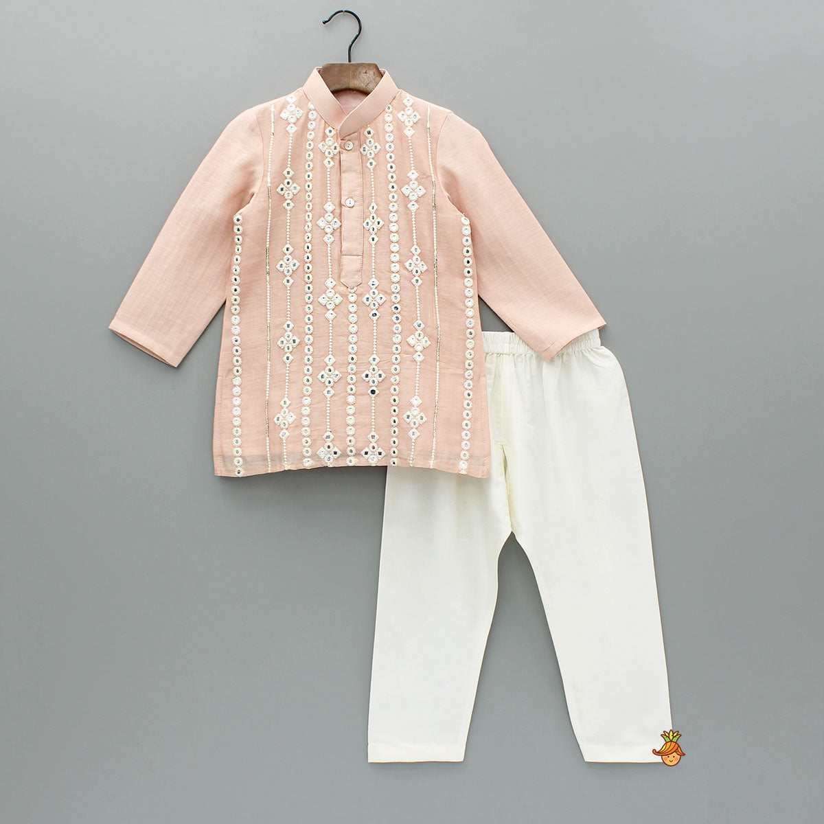 Pre Order: Embroidered Faux Mirror Work Peach Kurta And Pyjama