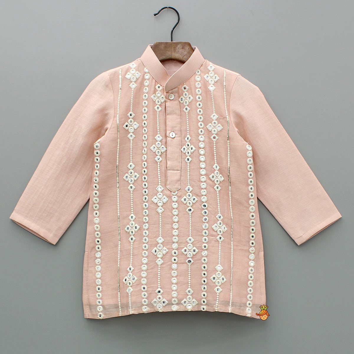 Pre Order: Embroidered Faux Mirror Work Peach Kurta And Pyjama