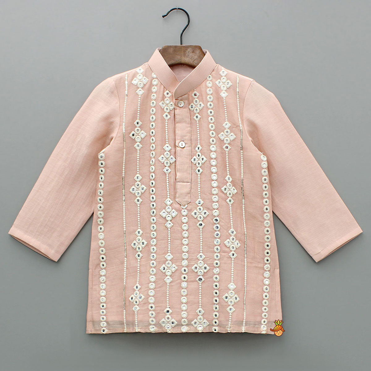 Pre Order: Embroidered Faux Mirror Work Peach Kurta And Pyjama