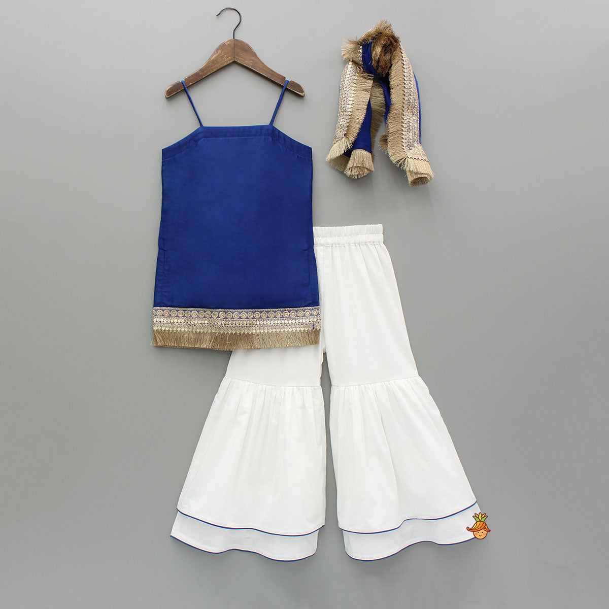 Pre Order: Blue Strappy Top And Sharara With Dupatta