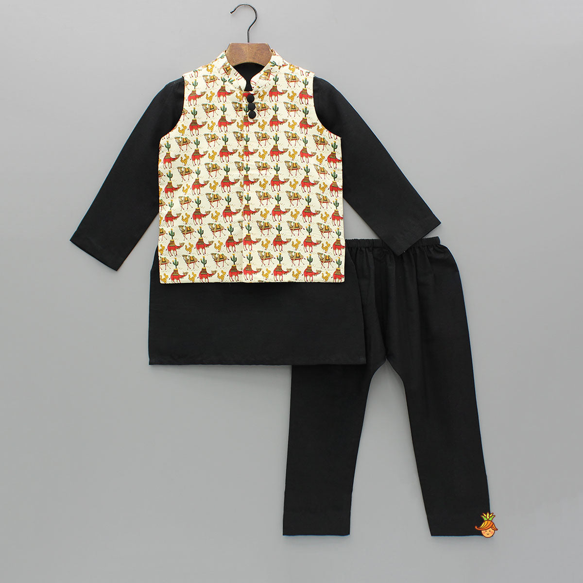 Pre Order: Black Kurta And Printed Jacket With Pyjama