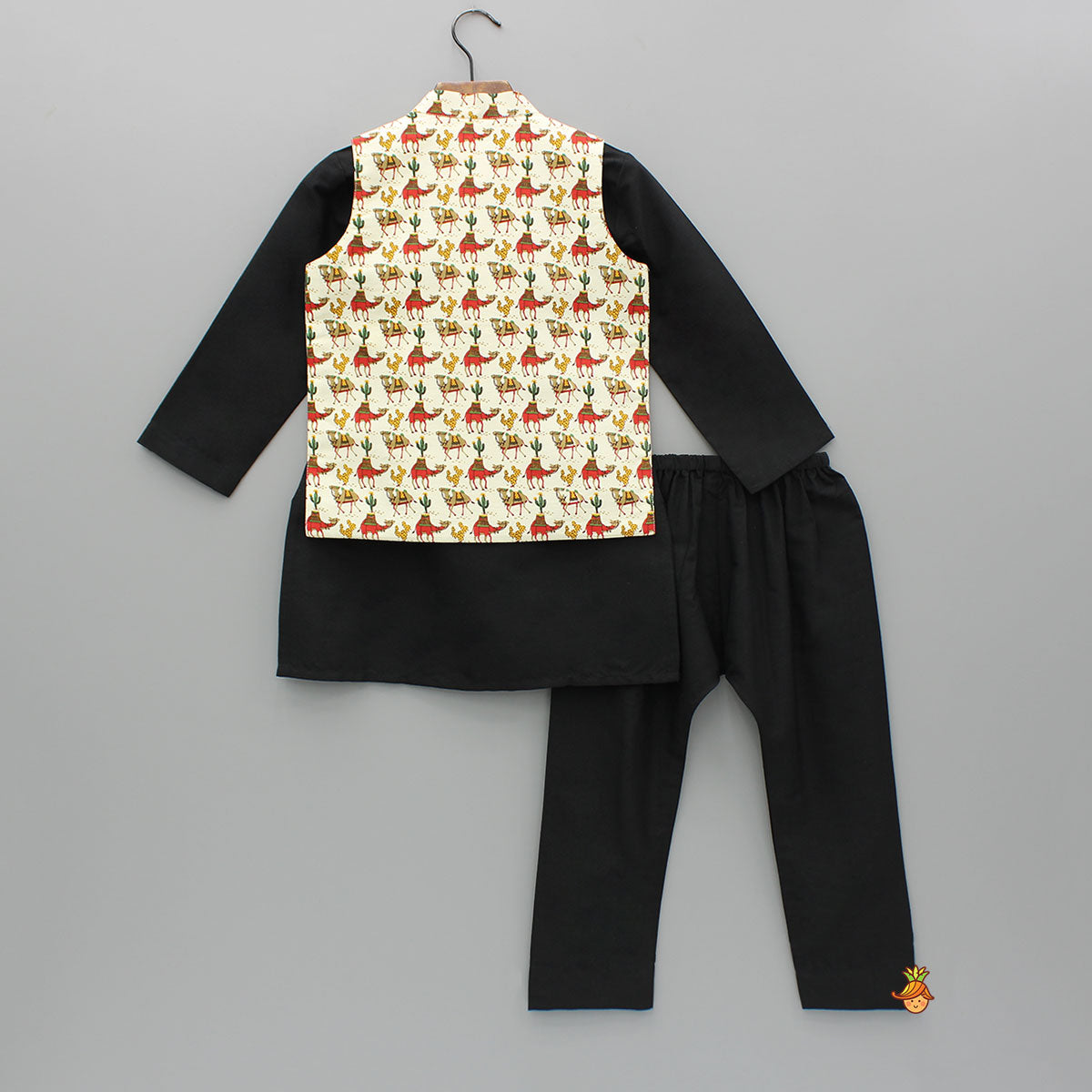 Pre Order: Black Kurta And Printed Jacket With Pyjama