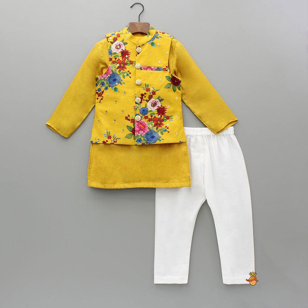 Pre Order: Mustard Kurta And Floral Printed Embroidered Jacket With Pyjama