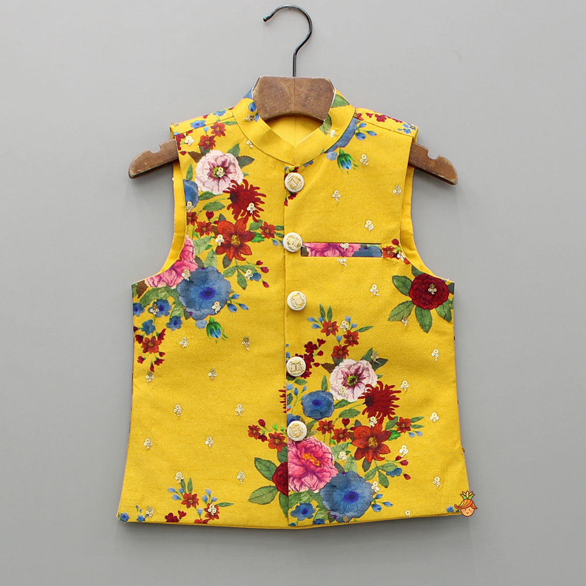 Pre Order: Mustard Kurta And Floral Printed Embroidered Jacket With Pyjama