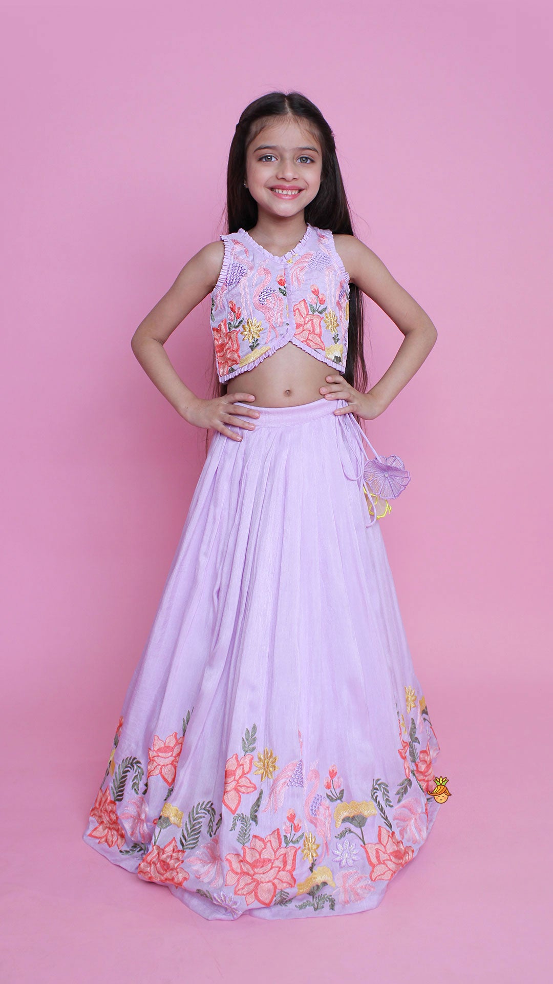 Pre Order: Lavender Embroidered Pleated Top And Lehenga