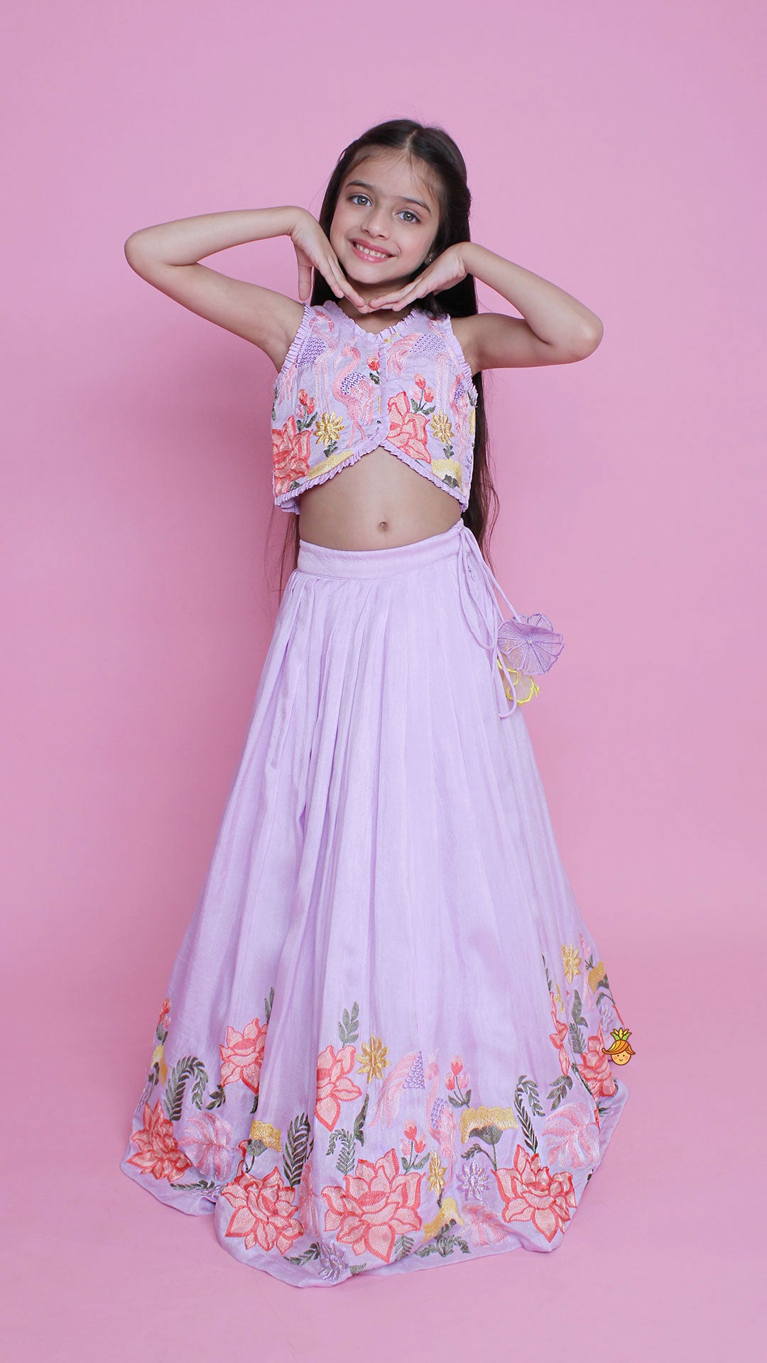 Pre Order: Lavender Embroidered Pleated Top And Lehenga