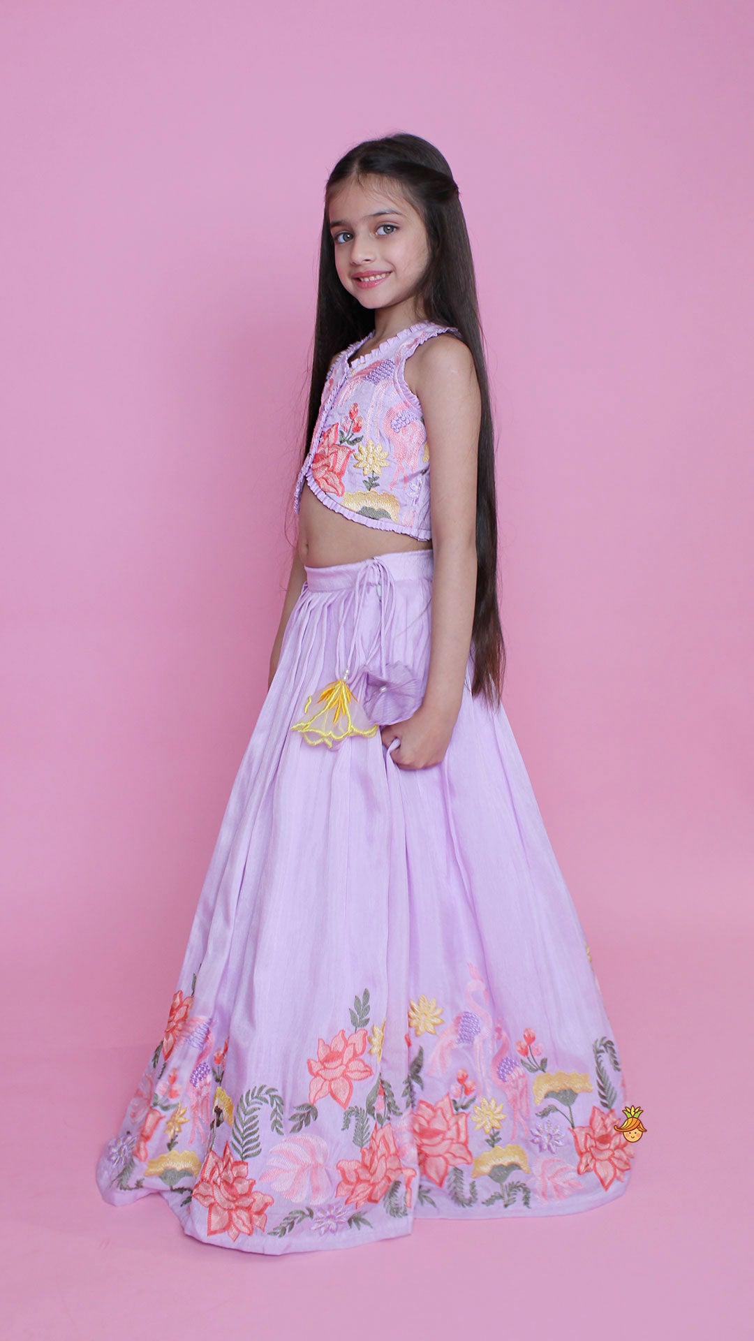 Pre Order: Lavender Embroidered Pleated Top And Lehenga