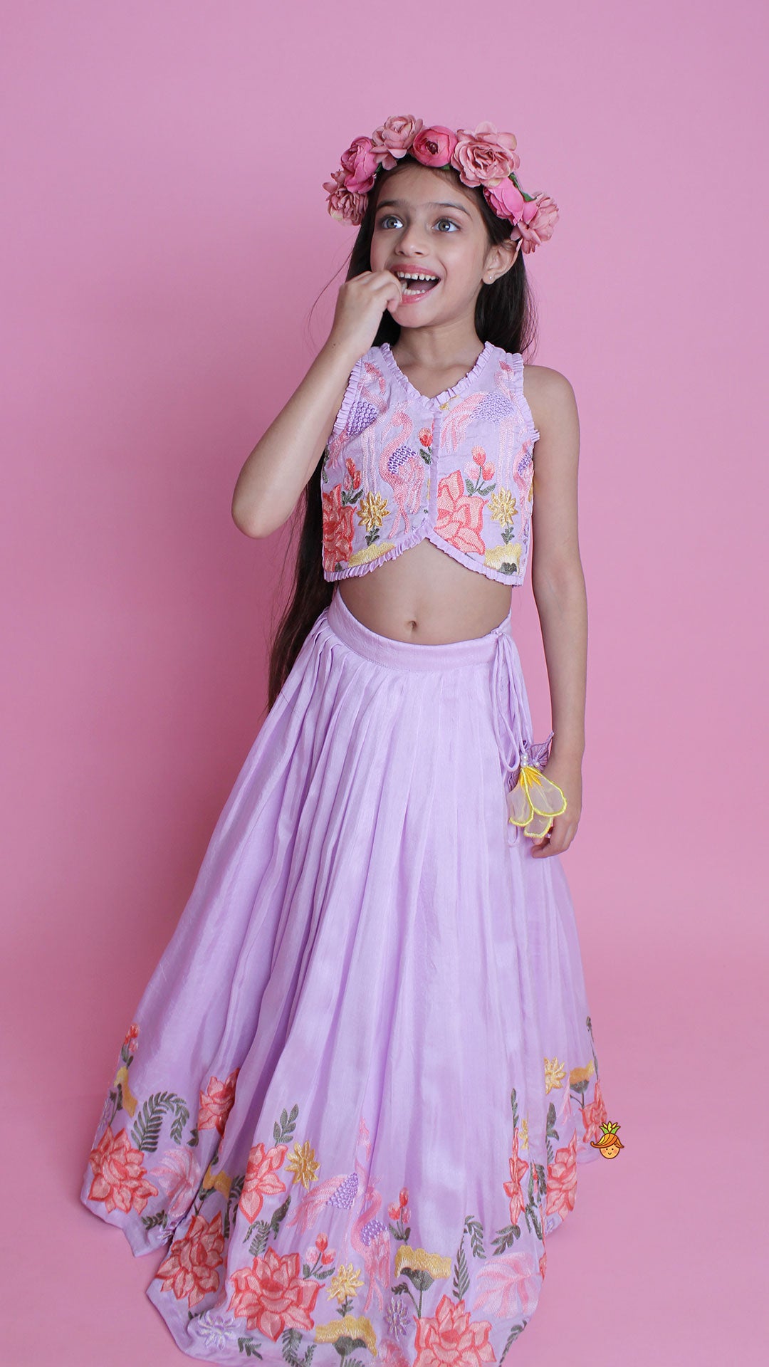 Pre Order: Lavender Embroidered Pleated Top And Lehenga