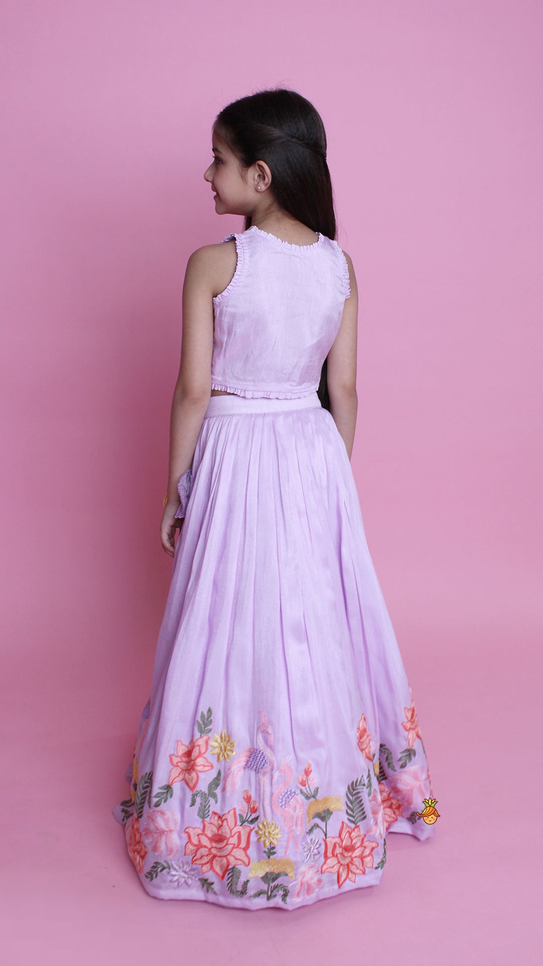 Pre Order: Lavender Embroidered Pleated Top And Lehenga