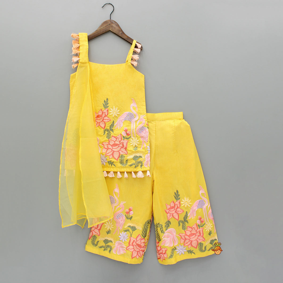 Pre Order: Yellow Embroidered Strappy Kurti And Flared Palazzo With Dupatta