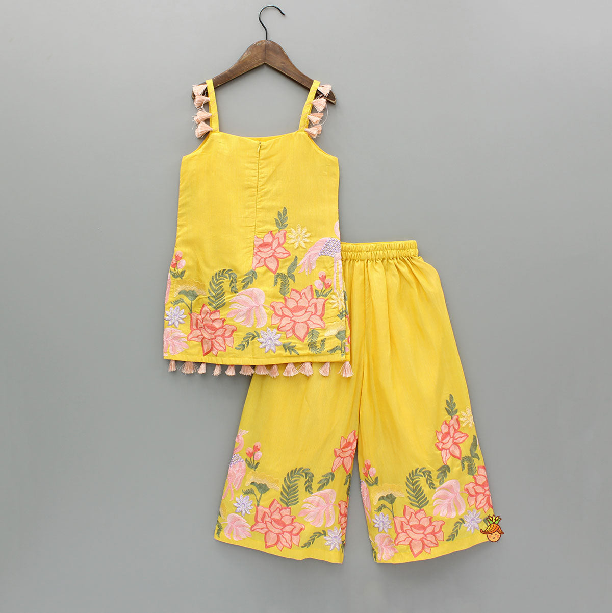 Pre Order: Yellow Embroidered Strappy Kurti And Flared Palazzo With Dupatta