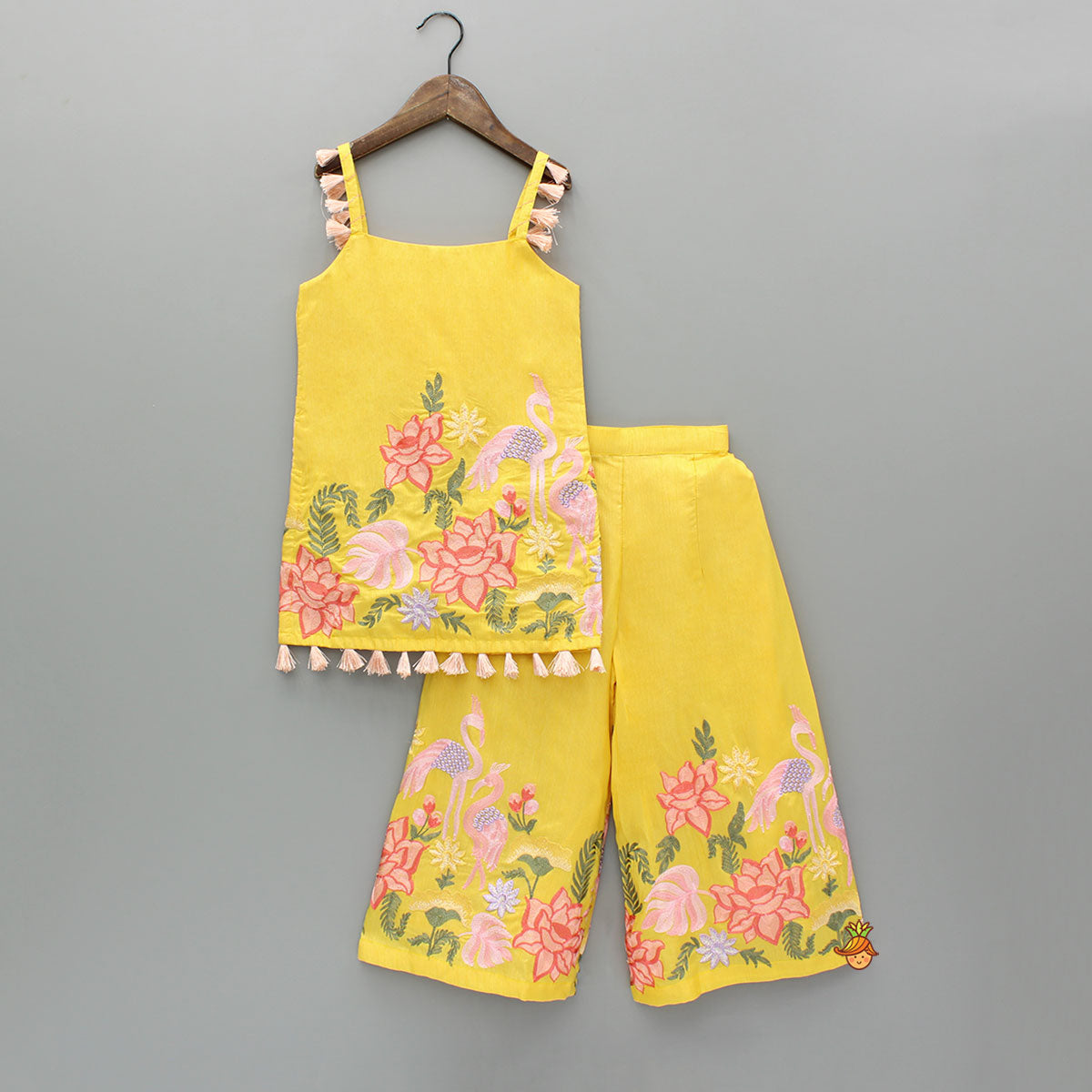 Pre Order: Yellow Embroidered Strappy Kurti And Flared Palazzo With Dupatta