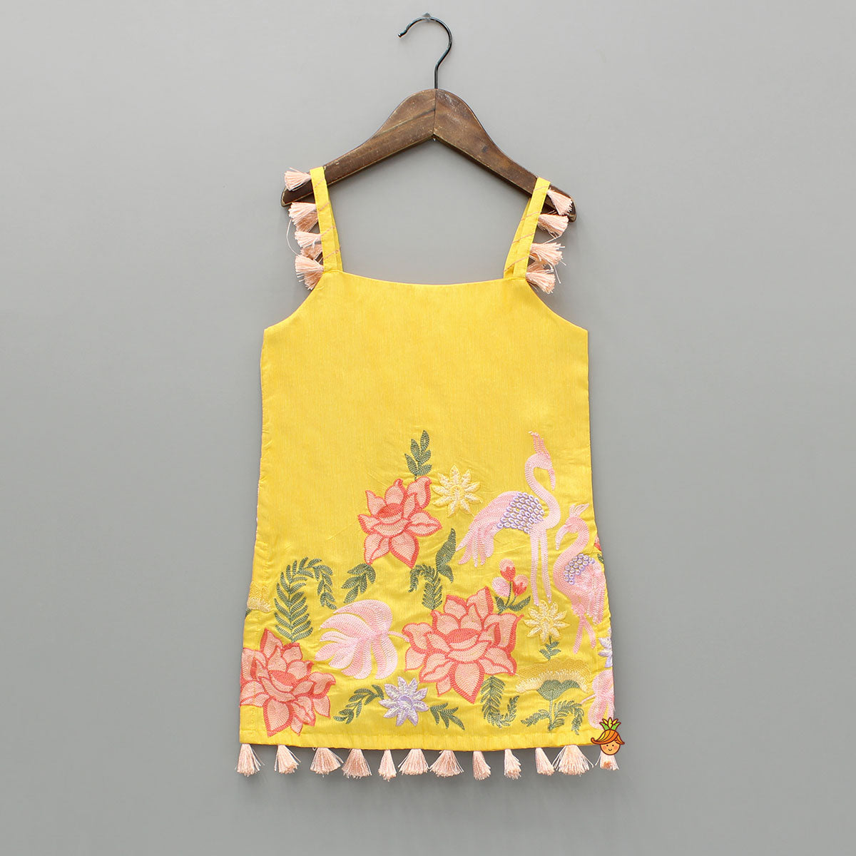 Pre Order: Yellow Embroidered Strappy Kurti And Flared Palazzo With Dupatta