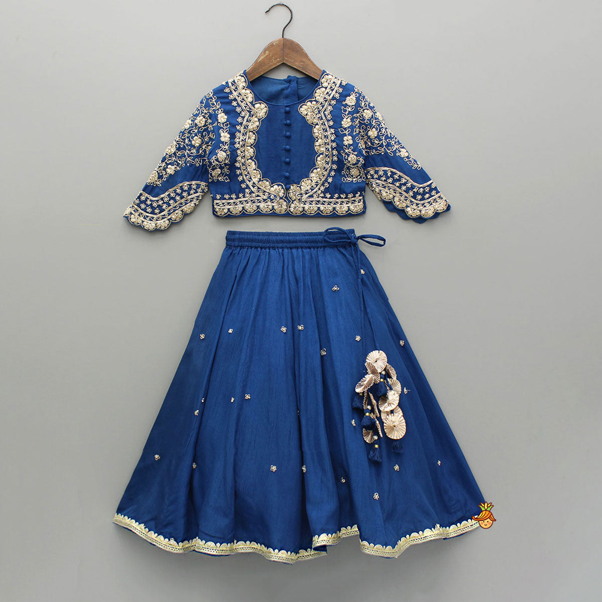 Pre Order: Blue Embroidered Top And Lehenga