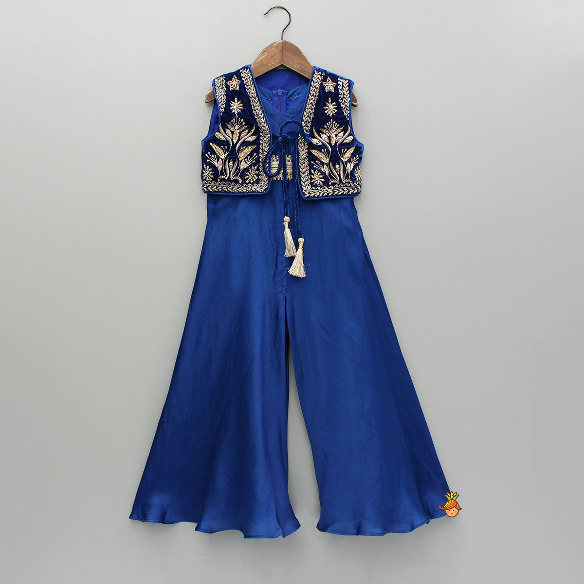 Pre Order: Blue Jumpsuit With Velvet Embroidered Jacket