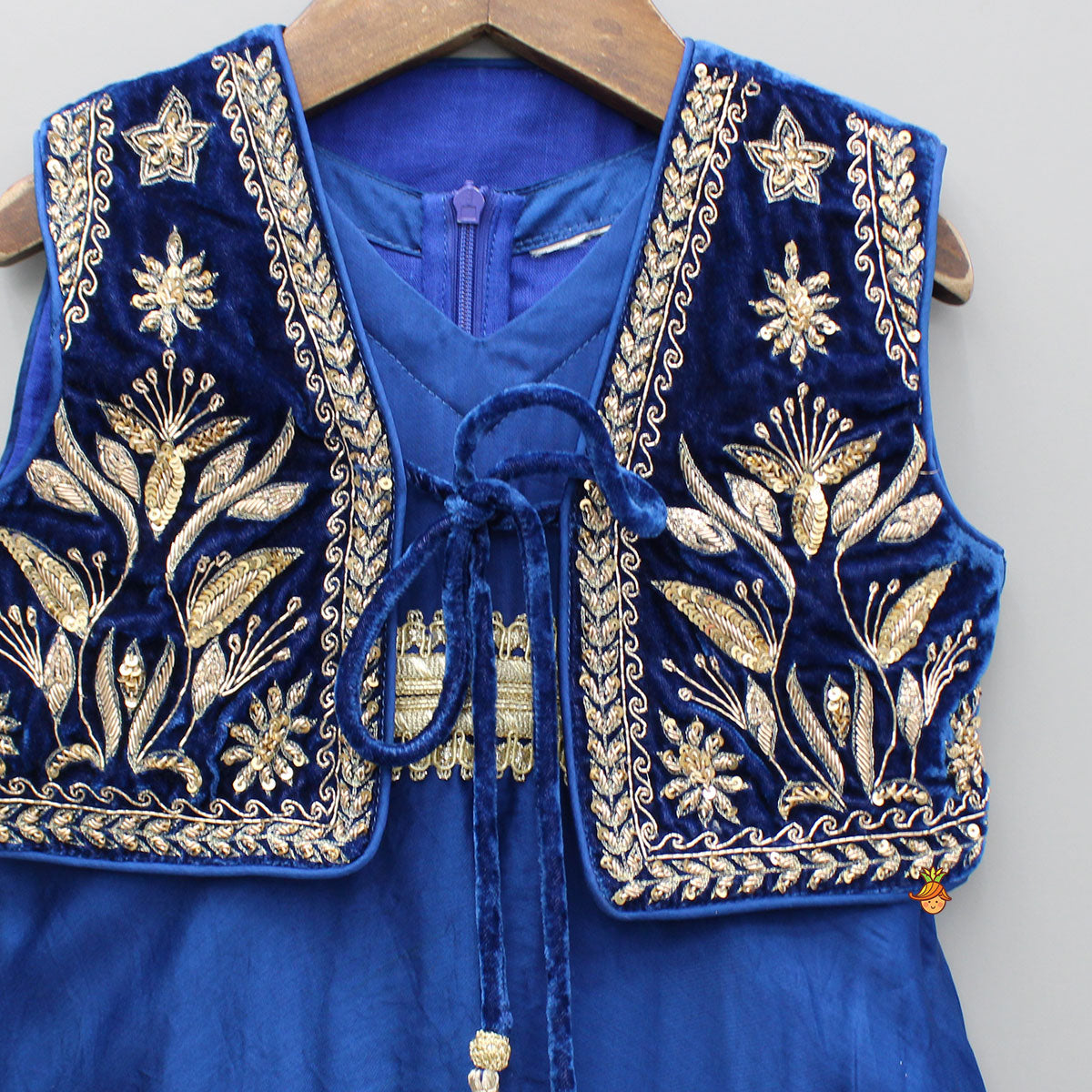 Pre Order: Blue Jumpsuit With Velvet Embroidered Jacket