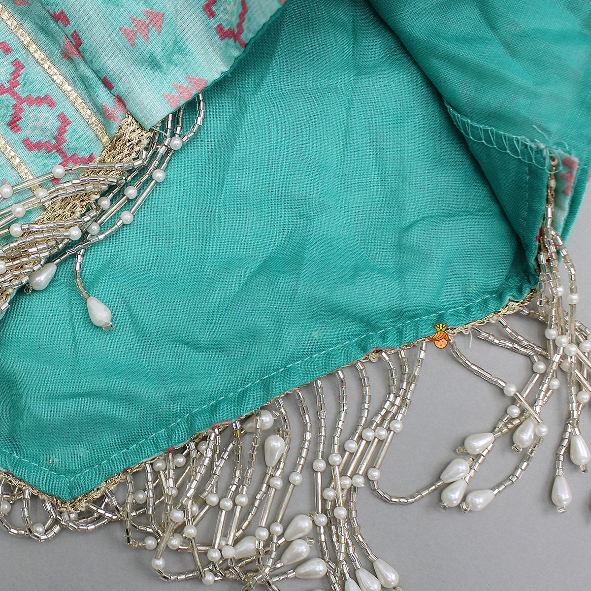 Pre Order: Green Chanderi Gota Lace Work Top And Lehenga With Matching Hairband