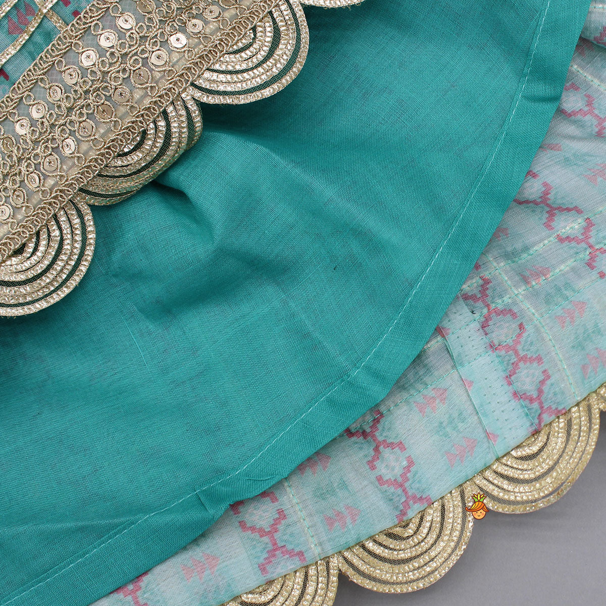 Pre Order: Green Chanderi Gota Lace Work Top And Lehenga With Matching Hairband