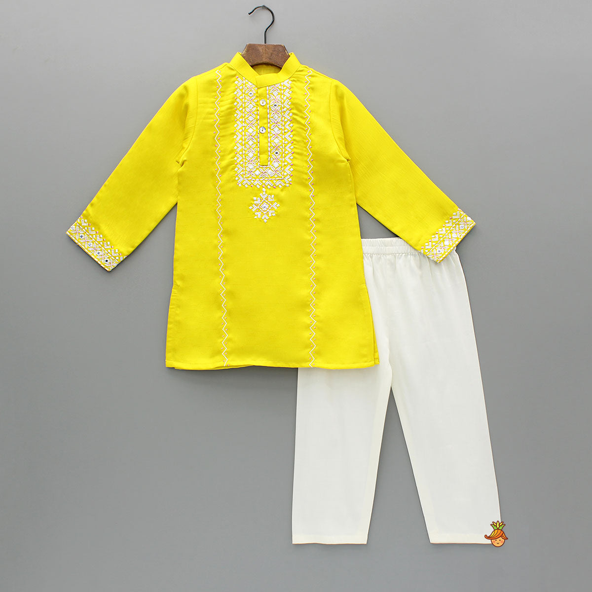 Pre Order: Yellow Embroidered And Faux Mirror Work Kurta And Pyjama