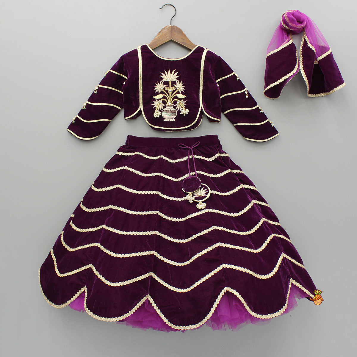 Pre Order: Purple Embroidered And Embellished Top With Lehenga And Dupatta