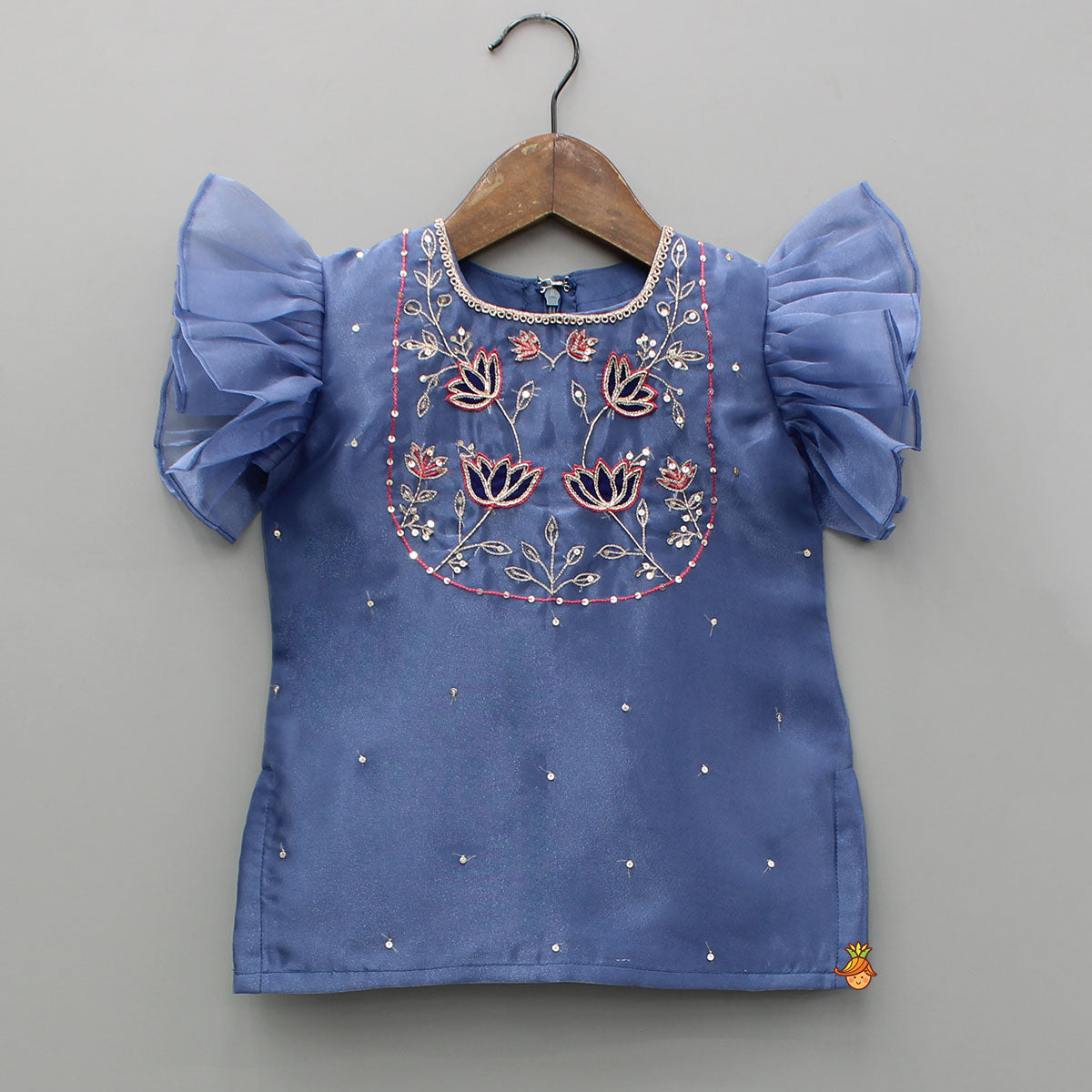 Pre Order: Blue Embroidered Kurti With Pleated Sharara And Dupatta