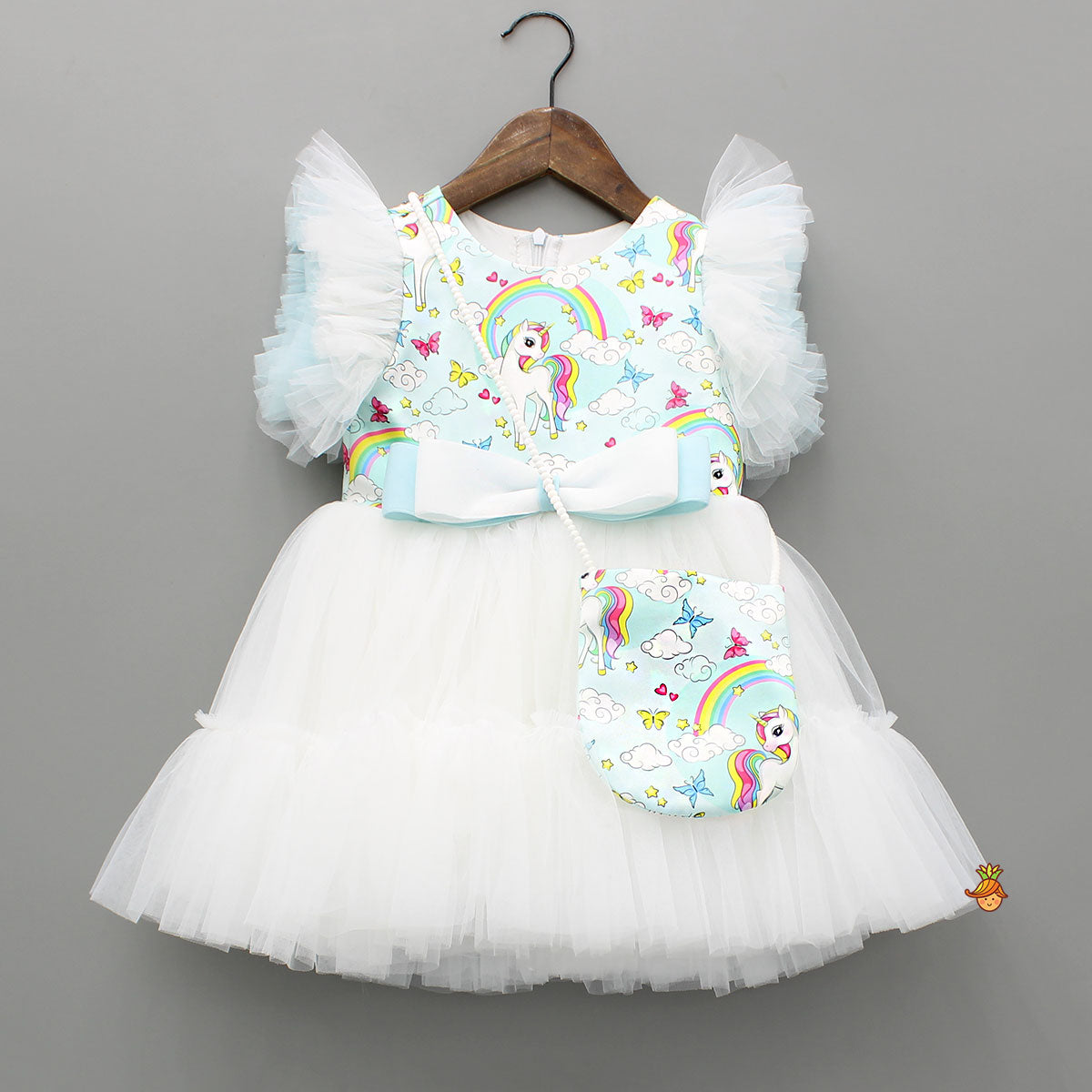 Blue Unicorn Printed White Frilly Dress With Matching Sling Bag