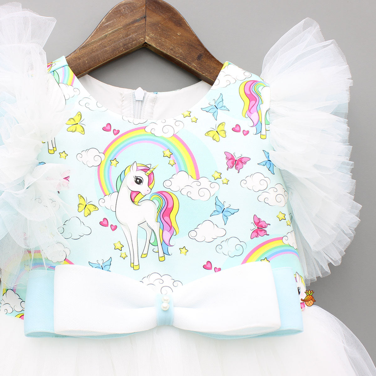 Blue Unicorn Printed White Frilly Dress With Matching Sling Bag