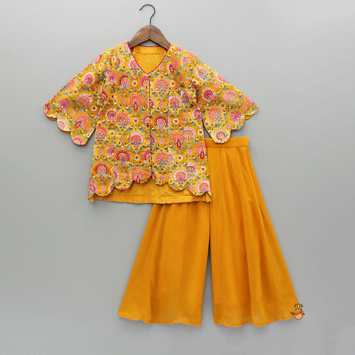 Pre Order: Mustard Printed Embroidered Kurti And Flared Palazzo