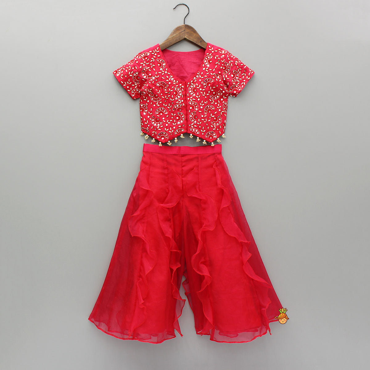 Pre Order: Red Embroidered And Embellished Top With Ruffled Palazzo