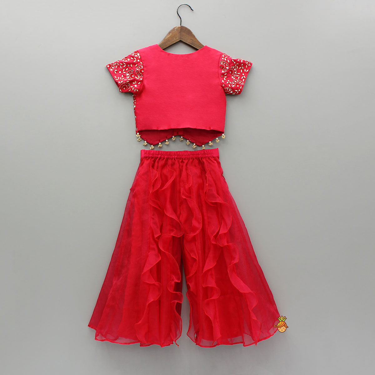 Pre Order: Red Embroidered And Embellished Top With Ruffled Palazzo