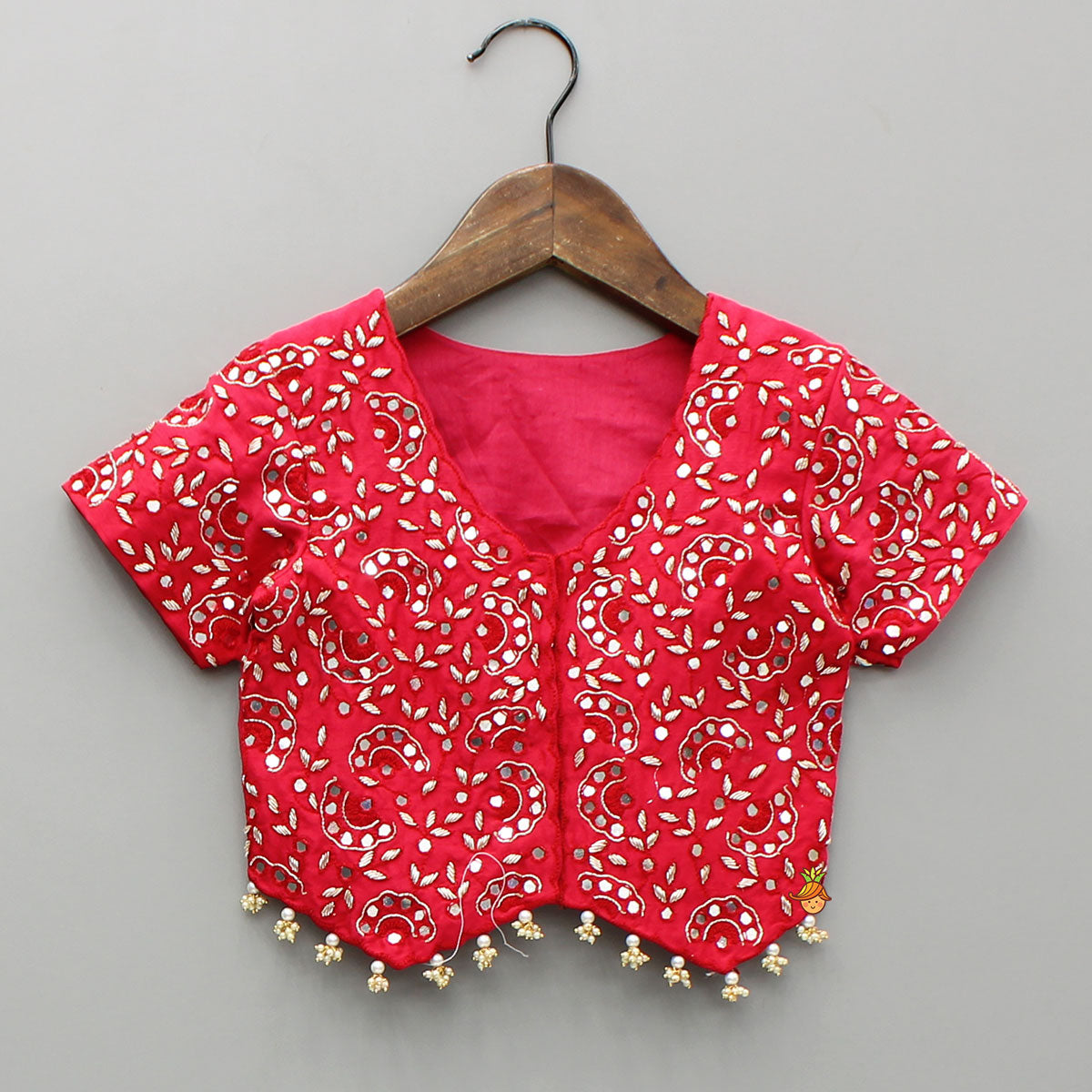 Pre Order: Red Embroidered And Embellished Top With Ruffled Palazzo