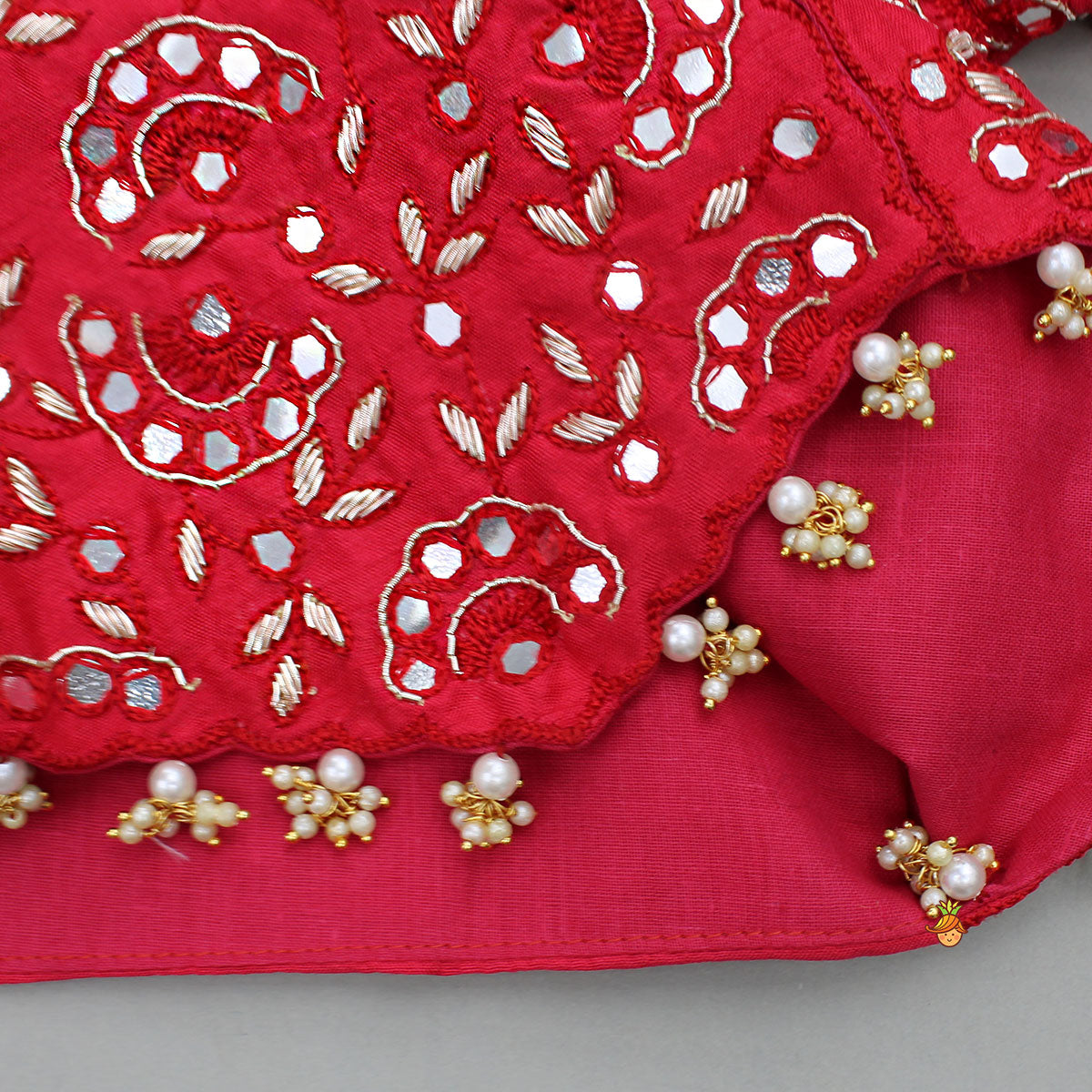 Pre Order: Red Embroidered And Embellished Top With Ruffled Palazzo