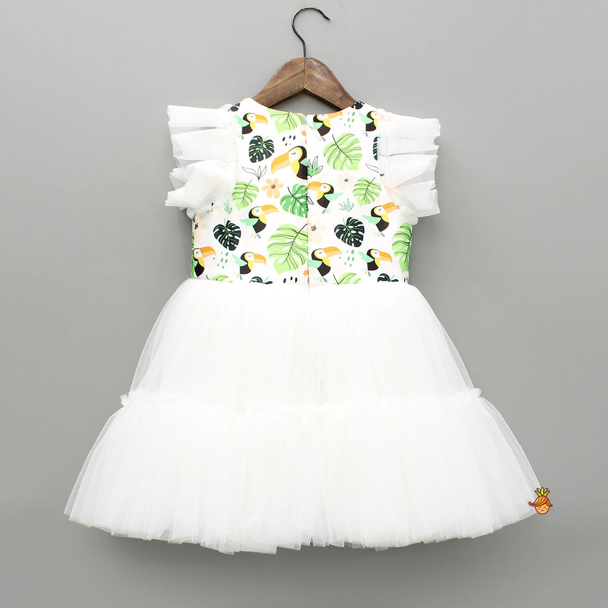 Bird Printed White Frilly Dress With Matching Sling Bag