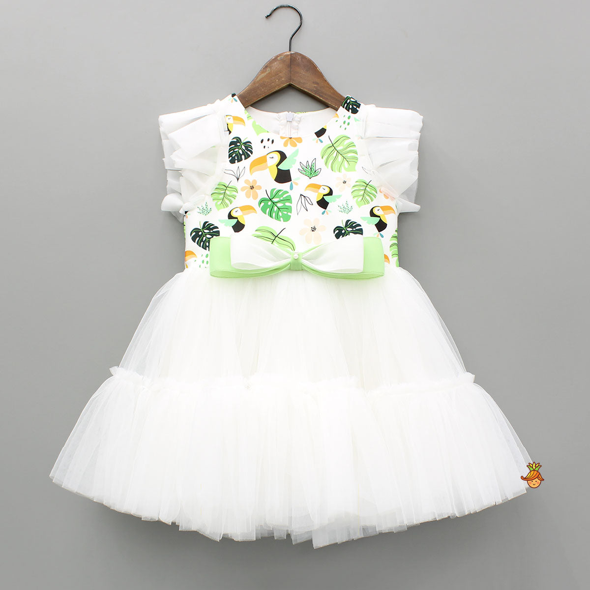 Bird Printed White Frilly Dress With Matching Sling Bag