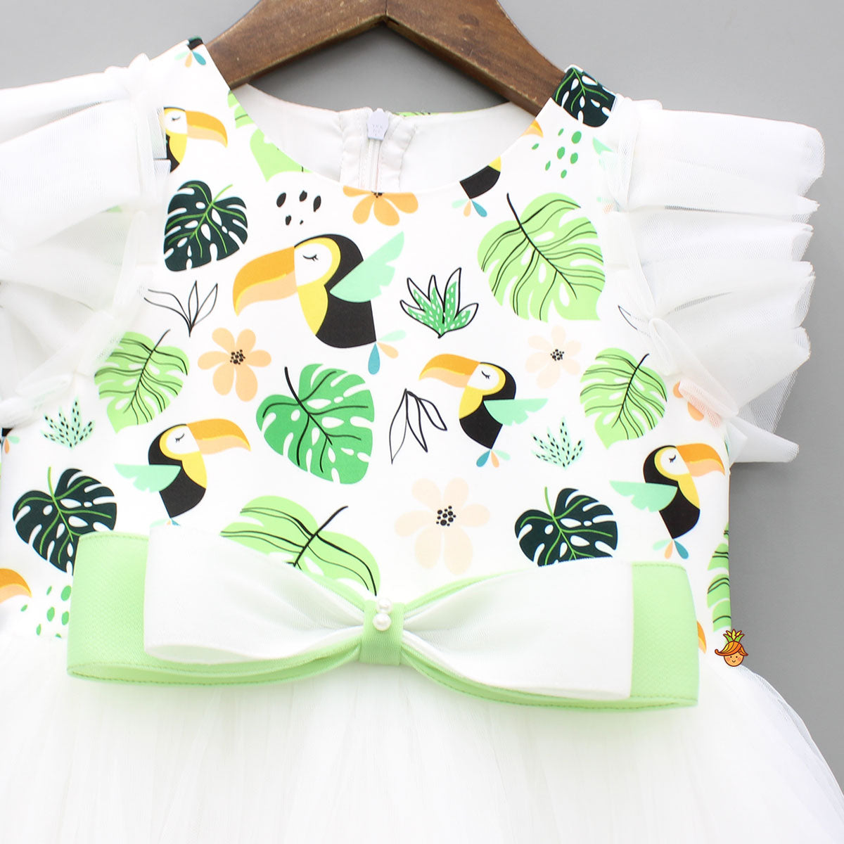 Bird Printed White Frilly Dress With Matching Sling Bag